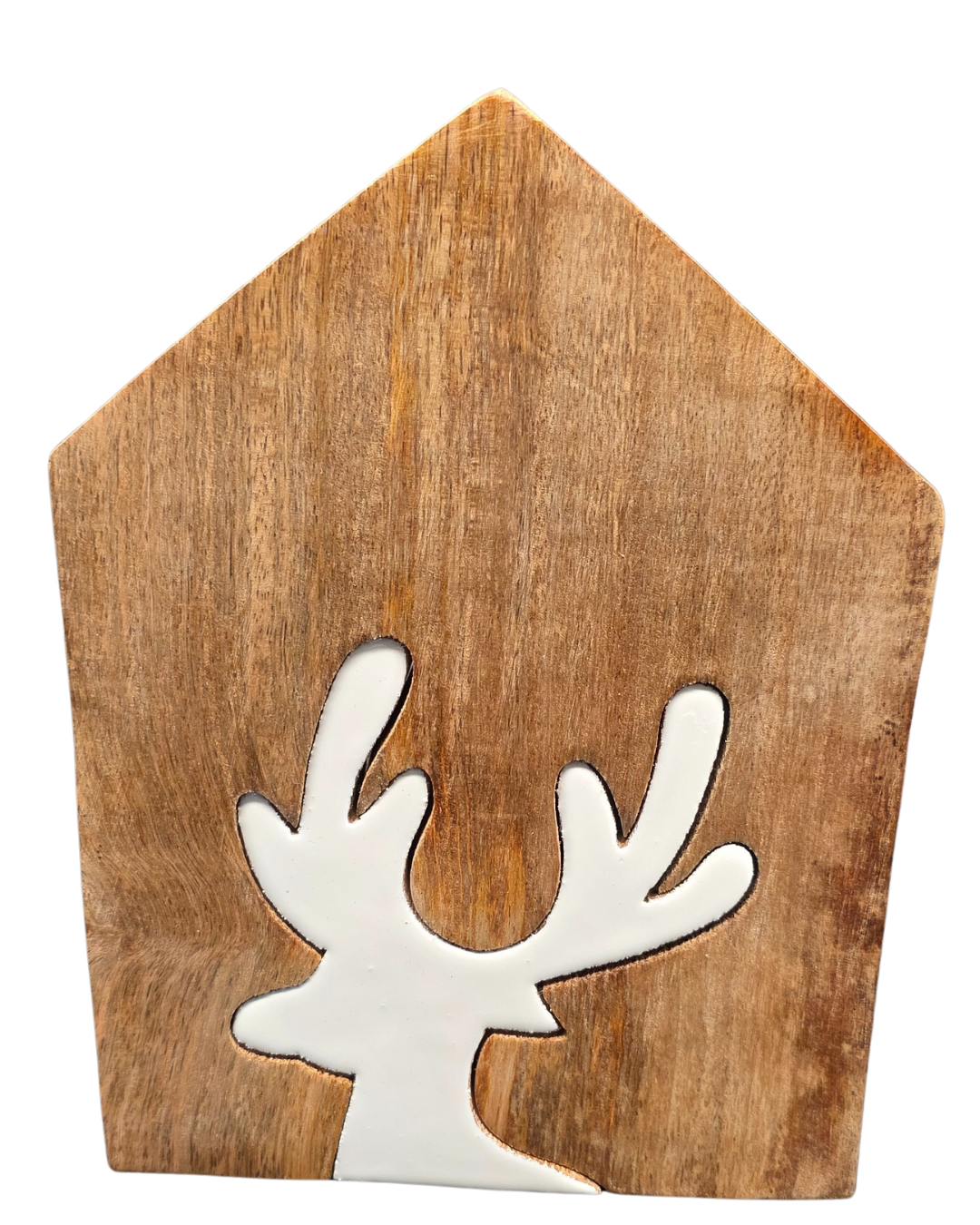 Holz-Dekohaus mit Hirschmotiv – Naturholz / Weiß Dekorationsartikel