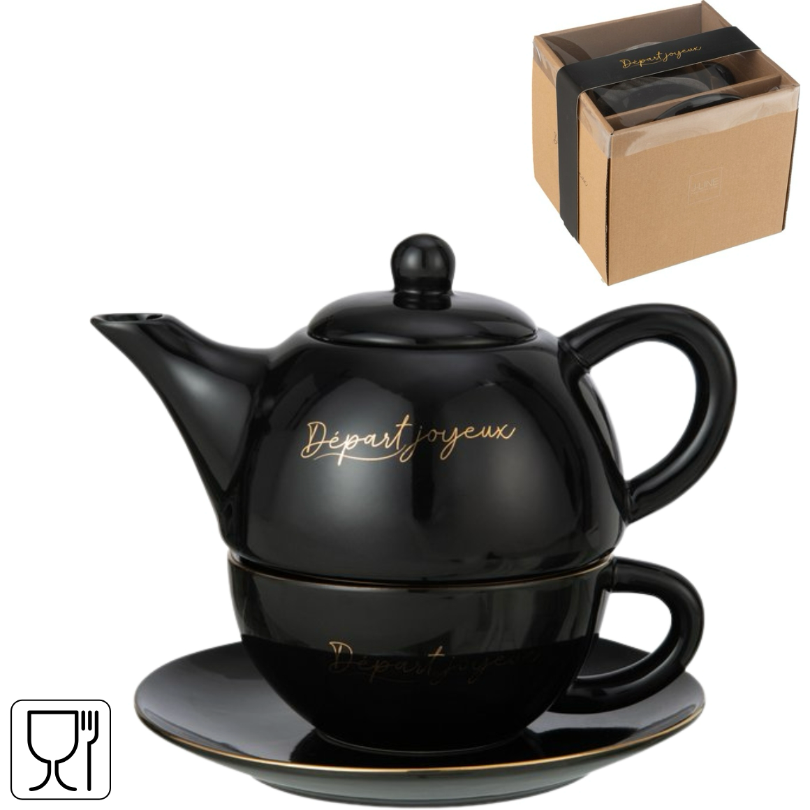 J‑Line Teekanne mit Becher „Depart Joyeux“ – Porzellan, Schwarz, 19 cm
